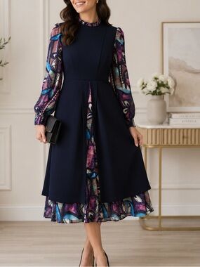NWT Navy Layered Dress with Purple Floral Print Long Sleeves